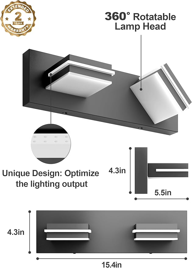 VOLISUN Modern Bathroom Vanity Light Fixtures (2-Light, 15.5-Inch), 5CCT Dimmable Bathroom Lighting Fixtures Over Mirror, 360°Rotatable Head, Black LED Vanity Lights for Bathroom-ETL Certificated
