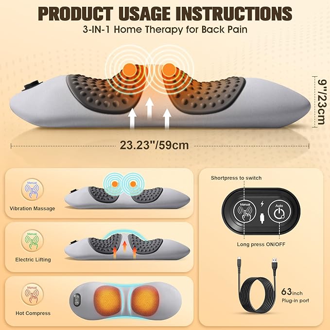 3-in-1 Electric Lumbar Support Pillow,Triple Fusion Back Massager with Heat,Vibration&Traction,Back Support Pillow for Bed&Chair,Lumbar Support Pillow for Lower Back Pain Relief&Spine Support-SoftGray