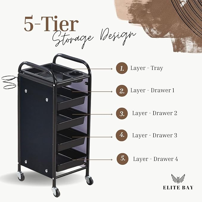ELITE BAY-Hairdressing Trolley- Metal Salon Rolling Cart Organizer.Durable Beauty Storage Unit with Wheels.Multi-Tier Tray System for Hair Tools, Makeup & Spa Essentials.Black & Gold Finish