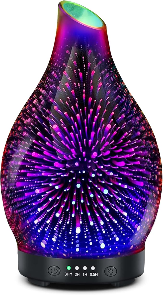 Essential Oil Diffuser 150ML -3D Firework Glass Aromatherapy Diffusers for Essential Oils with 4 Timer Setting Auto Shut-Off Silent Operation 7 Colors Lights Changing for Room, Office, Yoga