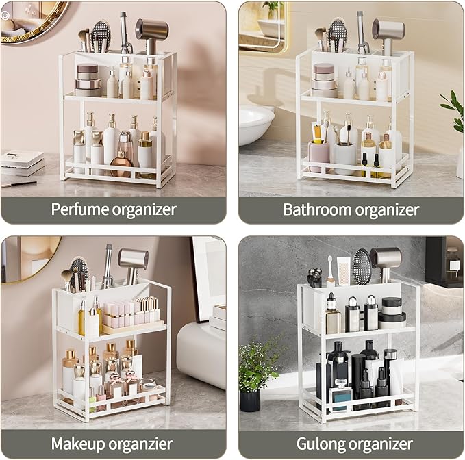 SanDream Hair Tool Organizer Bathroom Countertop, 2-Tier Metal Bathroom Organizer with Blow Dryer Holder, Large Capacity Space-Saving Vanity Shelf for Perfume, Skincare & Makeup Storage (White)