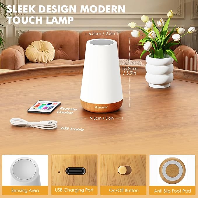 Auxmir LED Night Light Bedside Lamp Touch and Remote Control Dimmable Tabletop 13 RGB Colors Changing 5 Brightness Adjustable Rechargeable Portable Lamp for Baby Kids Nursery Bedroom Bathroom Camping
