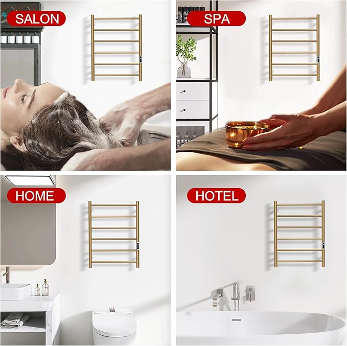Heated Towel Racks for Bathroom, Wall Mounted Electric Towel Warmer Racks with Timer & Temperature Control, 6 Bar Stainless Steel Towel Heater for Bathroom, Brushed Gold, Plug-in