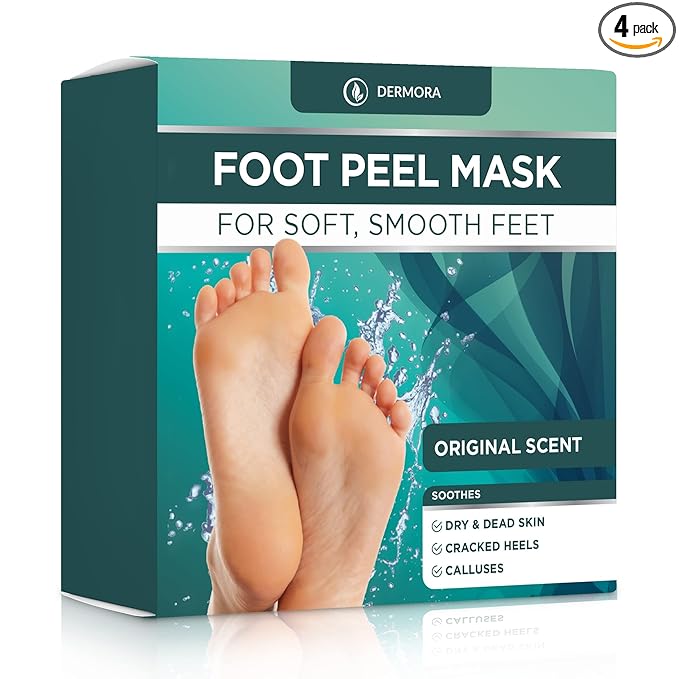 DERMORA Foot Peel Mask | Skin Exfoliating Foot Masks for Dry, Cracked Feet & Callus Removal | Dead Skin Exfoliator for Baby Soft Feet | Pack of 4 | Regular (Fits up to Men 10 / Women 11) | Original