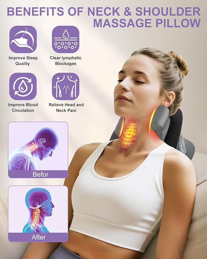 Shiatsu Neck Massager with Heat, Cordless Portable Cervical Traction Device with 10-Minute Timer for Full Body Muscle Pain Relief, Electric Deep Tissue Kneading Massage Pillow(Black)