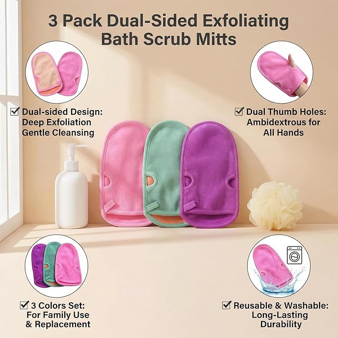 Erioctry 3PCS Reusable Bathing Shower Mittens Soft Back Rubbing Gloves Exfoliating Body Wash Massage Spa Mitt for Adult and Kids Family (Color Random)