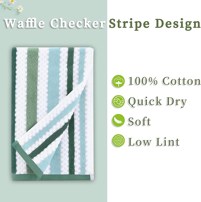 Waffle Hand Towels for Bathroom, Hand Towel Set of 4, 16"x27" - 100% Cotton | Quick Dry | Thick | Soft | Absorb | Lightweight, Striped Bathroom Hand Towels Decorative Set, Green Stripe + White Checker