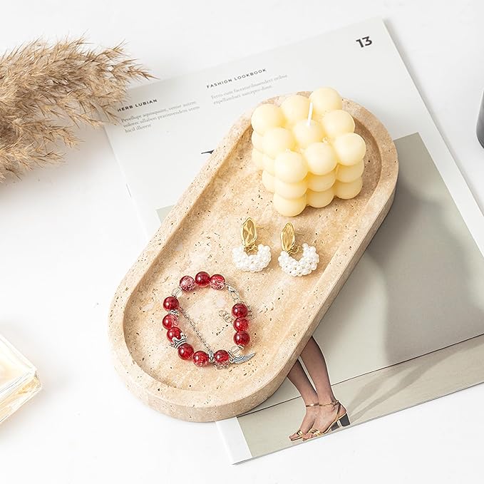 WORHE Natural Travertine Vanity Tray Waterproof Italy Marble Bathroom Organizer for Perfume, Candles & Jewelry Non-Slip Oval Storage Tray for Spa, Bedroom, Kitchen 9.8" x 4.5" Beige (WH028)