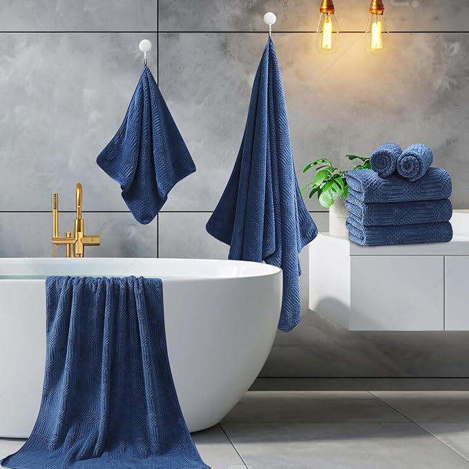 8 Piece Bath Towel Set-2 Oversized Bath Sheets(35"x70"),2 Hand Towels,4 Washcloths-Extra Large Microfiber Towel Sets,Less Lint Highly Absorbent & Quick Dry Bath Towels for Bathroom Gym Pool,Navy