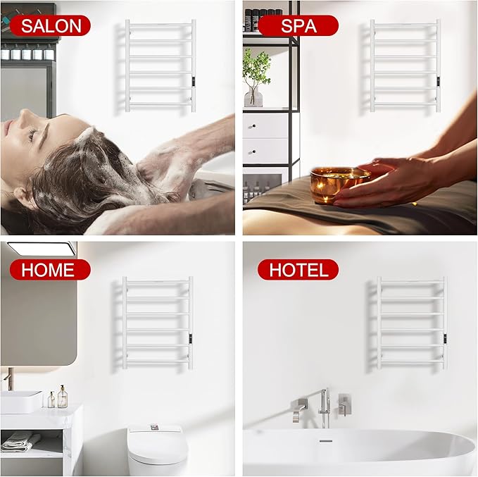 Heated Towel Racks for Bathroom, Wall Mounted Electric Towel Warmer Racks with Timer & Temperature Control, 6 Bar Stainless Steel Towel Heater for Bathroom, White, Plug-in