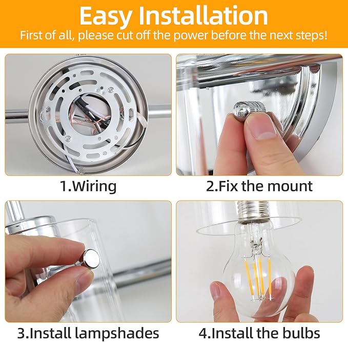 3 Lights Vanity Light, Polished Chrome Bathroom Wall Light Fixture Over Mirror, Modern Wall Sconce with Clear Glass Shade, Farmhouse Mount Lamp for Washroom, Living Room, Workshop