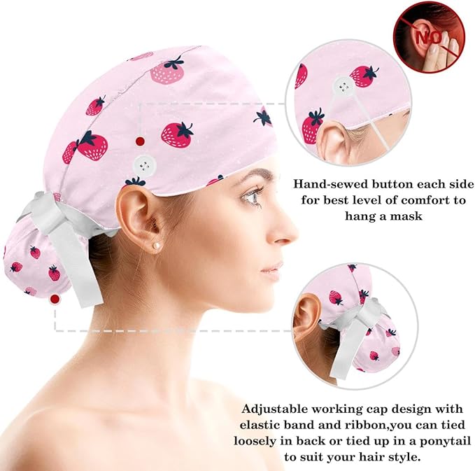Ethnic Aztec Pattern Adjustable Scrub Cap Hat with Button, Working Hat Sweatband with Bow Hair Scrunchy for Woman