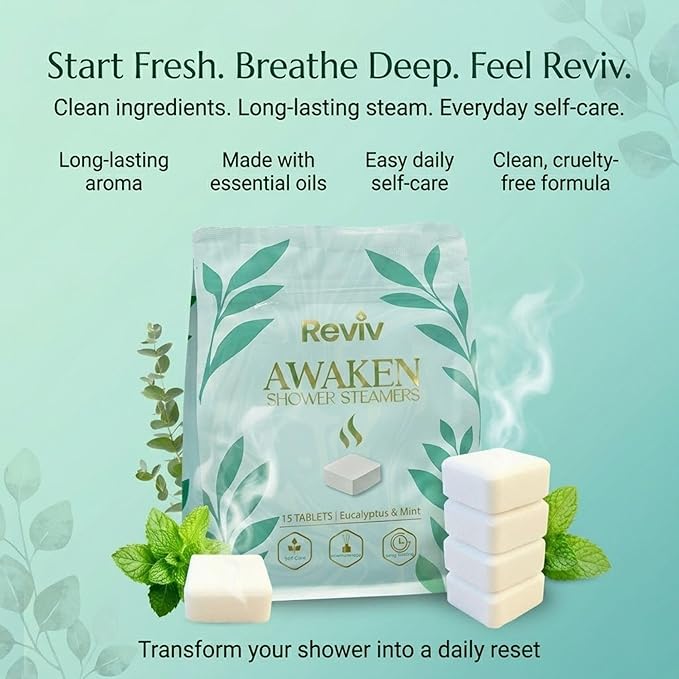 REVIV Shower Steamers Aromatherapy (15 Pack) - Eucalyptus Mint Shower Tablets for Sinus Relief & Stress Relief - Self Care for Busy Women, Home Spa Shower Bombs, Gift for Women & Men