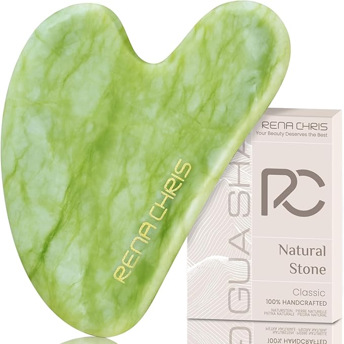 Rena Chris Gua Sha Facial Tools, Jade Guasha Tool for Acupuncture, Manual Massage Tool for Jawline Sculpting and Puffiness Reducing, Gua Sha Facial Massage Tool, Skin-Care Gift (Green)