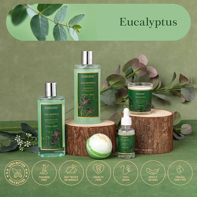 Home Spa Gift Basket - Eucalyptus- Luxurious 9pc Bath & Body Set For Men & Women, Contains Shower Gel, Shampoo, Scents Lotion, Body Oil, Bath Salt, flowers Bath Bomb, Spa Basket