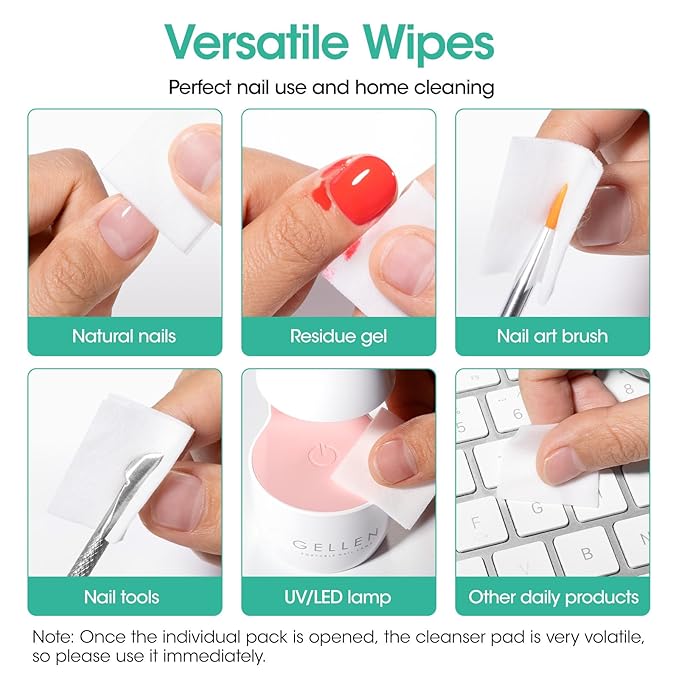 Gellen 400 Pack Nail Prep Cleanser Pads, Alcohol Pads for Nails, Individually Wrapped Nail Prep Pads, Lint-free Tacky Layer Residue Wipes for Acrylic & Builder Gel Polish Press-ons