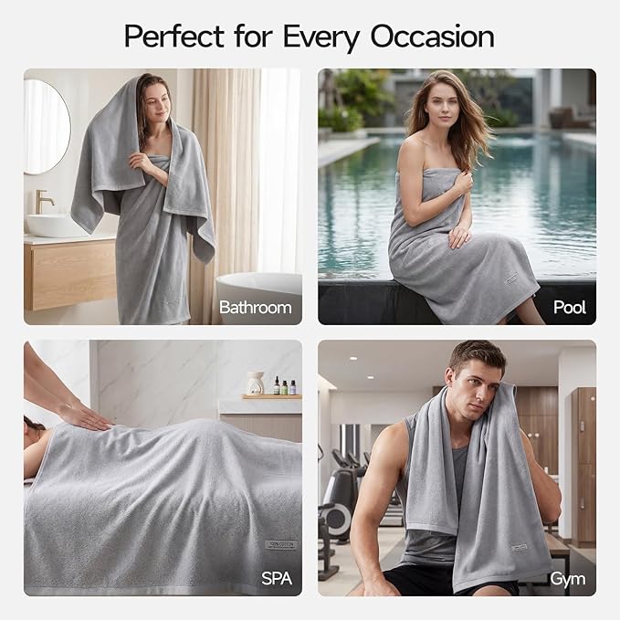 ecolook Bath Towels Set of 4,100% Cotton,27 x 55 Inches,Quick-Drying & Absorbent,Soft,Lightweight Towels for Bathroom,Shower,Spa, Gym & Hotel,Light Gray