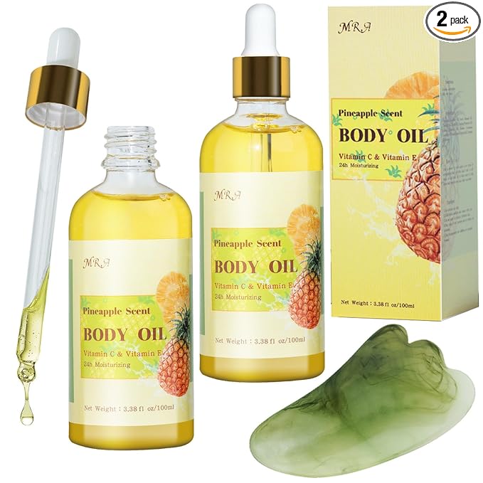 MR.A 2 Pack Pineapple Juice Scented Body Oil, Vitamin E Hydrating Body Oil, Pineapple GUASHA Oil after Shower for Dry Skin, Massage Oil with Guasha Tool