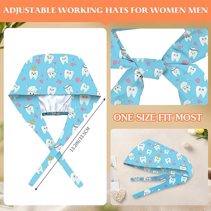 Adjustable Scrub Cap with Buttons & Sweatband, Working Hat with Elastic Tie Back, Unisex Nurse Surgical Caps for Women & Men
