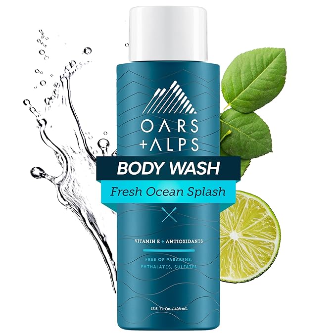 Oars + Alps Body Wash for Men, Mens Body Wash & Face Cleanser with Vitamin E & Antioxidants, Moisturizing, Paraben & Sulfate Free Cleanser, Fresh Ocean Splash, 1pk