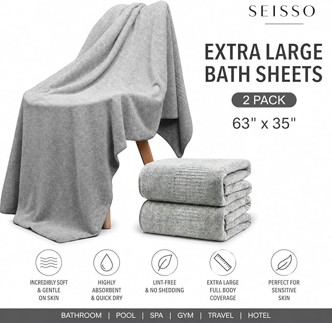 SEISSO 4 Pack Extra Large Bath Towels 63"x35", Bath Sheets for Sensitive Skin 70% Polyester 30% Viscose Fiber from Bamboo, Super Soft, Highly Absorbent & Quick Dry, Oversized Shower Towels