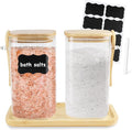 Glass Bath Salt Jars,40oz Bath Salt Container with Scoop and Airtight Lid,Clear Bathroom Salts Cellar Set for Jars with Tray,Labels and white Markers,Bathroom Decor Bathtub Accessories for Women