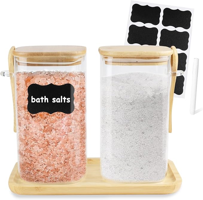 Glass Bath Salt Jars,40oz Bath Salt Container with Scoop and Airtight Lid,Clear Bathroom Salts Cellar Set for Jars with Tray,Labels and white Markers,Bathroom Decor Bathtub Accessories for Women