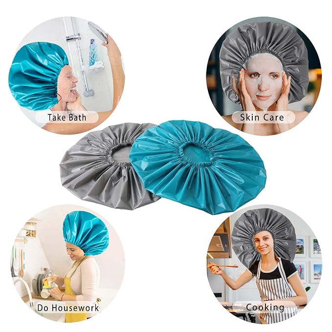 Jumbo Size Shower Cap 2 PCS Waterproof Shower Caps for Women, Extra Large Shower Cap, Reusable Super Large Bath Caps Hair Cap for Long Thick Curly Hair, Locs, Twist Braids - Grey+Blue-Green