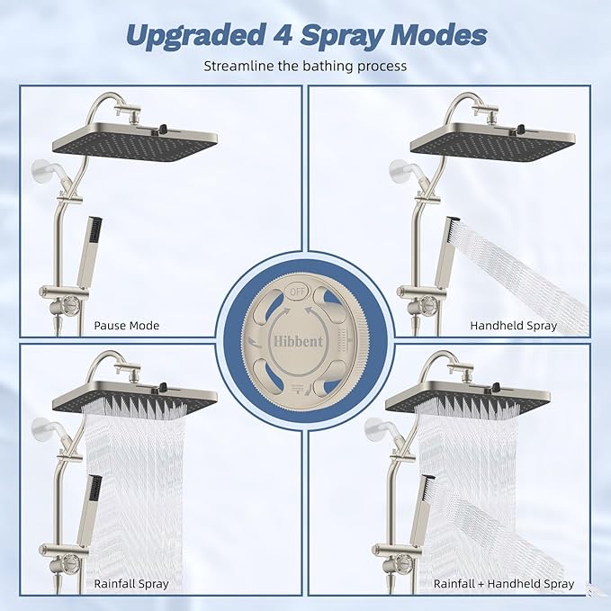 Hibbent 13'' cUPC Certified Shower Head Combo, High Pressure 5-spray Rainfall Showerhead, Stainless Steel 4 Sprays Handheld, All Metal 4-way Diverter Extension Arm, 71'' Hose & Holder, Brushed Nickel