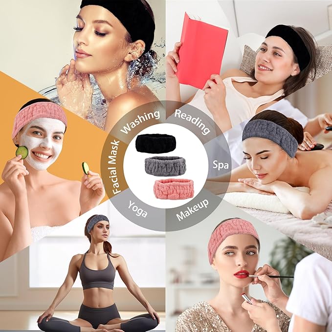 Microfiber Spa Headband 3-Pack, Soft Terry Cloth Headband for Washing Face, Facial Mask, Makeup, Shower, Yoga, Gift for Women and Teens (Black+Gray+Pink)