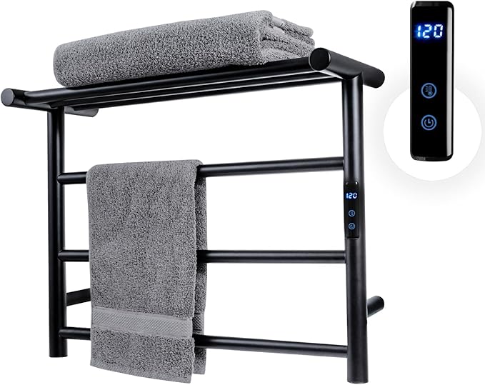 MyGift 4 Tier Wall Mounted Bathroom Towel Warmer Rack with Top Shelf and LED Panel, Premium Hotel Series Matte Black Stainless Steel Electric Heater for Warming Towels