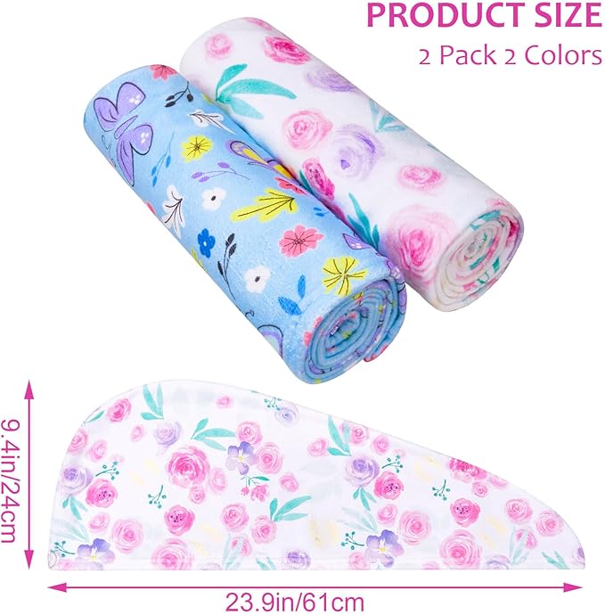 Basumee Microfiber Hair Towel Wrap for Kids 2 Pack Rapid Drying Hair Towel with Button Hair Turbans for Wet Hair Wraps Head Towel Wrap for Women and Girls, Flower