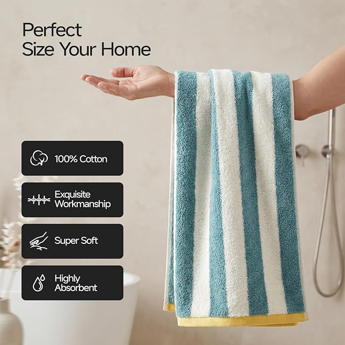 REDKISS 2-Pack Luxury Hand Towels for Bathroom - 12 x 28 Inches 100% Cotton Towels, Ultra Soft and Highly Absorbent Striped Hand Towel for Bath, Gym, Hotel, Kitchen and Spa, Gray-Green