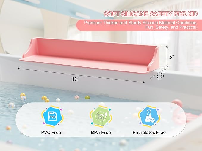 Cushore 3-Ft Bathtub Splash Guard PlayPad with Strong Suction Cups, Toy Tray Caddy Holder Storage, No-Leak, Mess-Free Bath Time for Kids, Pink