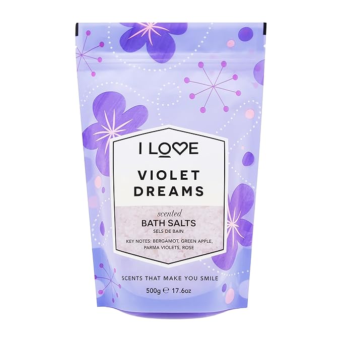 I LOVE Violet Dreams Bath Salts - Calming Bath Soak with Violet and Rose Fragrance - Relaxing Bath Salts for Sleep - Skin-Softening Formula - 17.6 oz