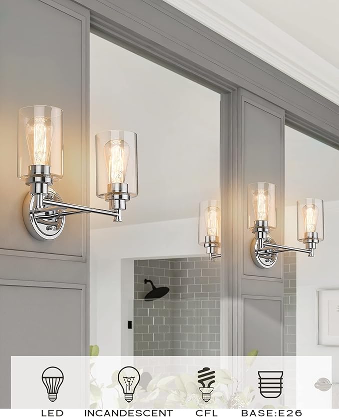 FEMILA Modern Bathroom Light Fixtures, 2-Light Bathroom Vanity Lights Over Mirror with Clear Glass Shade, Chrome Finish, 4FYC56B-2W CH