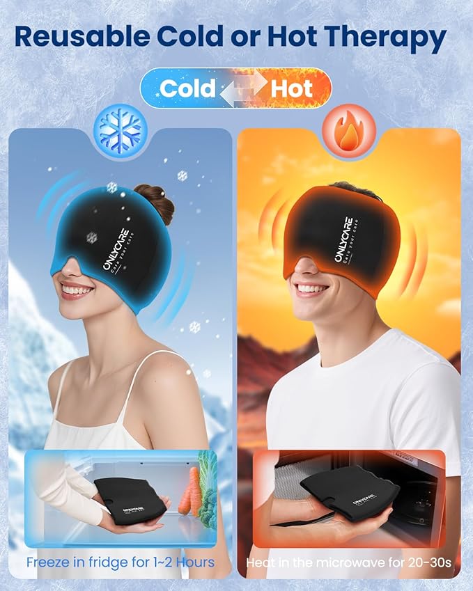 ONLYCARE Migraine Relief Cap, Soothing Migraine Mask, Upgraded Odorless Gel Ice Head Wrap, Hot and Cold Therapy, Headache Ice Pack for Tension, Stress, Hangover (Black)