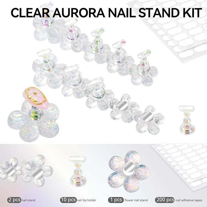 Nail Stand for Press On Fake Nails Painting Display Practice, Powerful Magnetic Nail Holder for Design, Flower Nail Stand with 200 PCS Double-Sided Tapes, Nail Tools for Home Salon