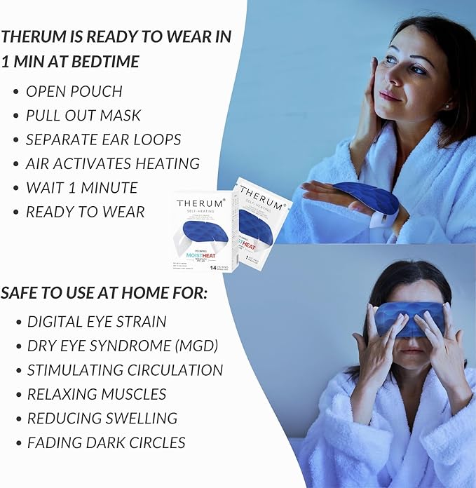 THERUM 120 Mins Long Lasting Self Heating Steam Eye Mask for Tired & Dry Eyes, Meibomian Gland Dysfunction, Stye, Blepharitis (14units/1box)