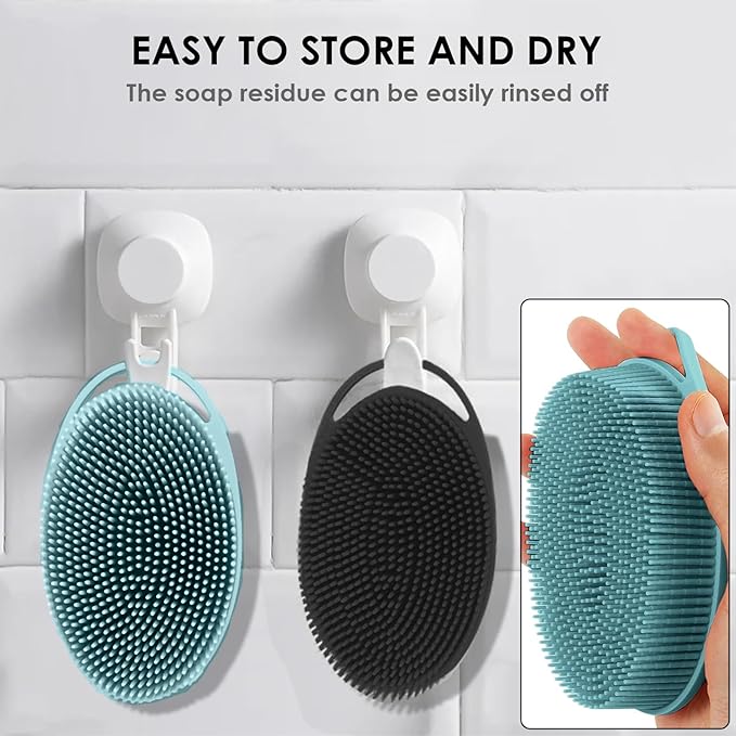 RamPula Silicone Body Scrubber, Silicone Loofah, Quick-Dry Exfoliating Body Brush for Wet or Dry Brushing, More Hygienic Than Traditional Loofah, Long-Bristle Brush, Eucalyptus Green and Starlight