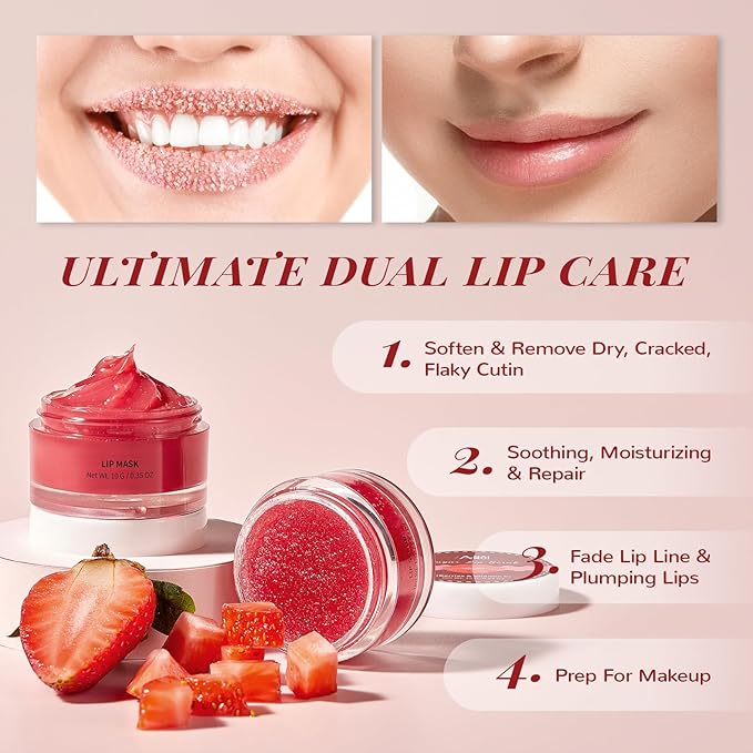 Lip Scrub & Lip Mask Set, Overnight Treatment Lip Care Products, Mothers Day Gifts Set for Mom, Moisturize & Nourish, Dry Cracked Lips, Intense Hydration with Vitamin C, Overnight Lip Mask