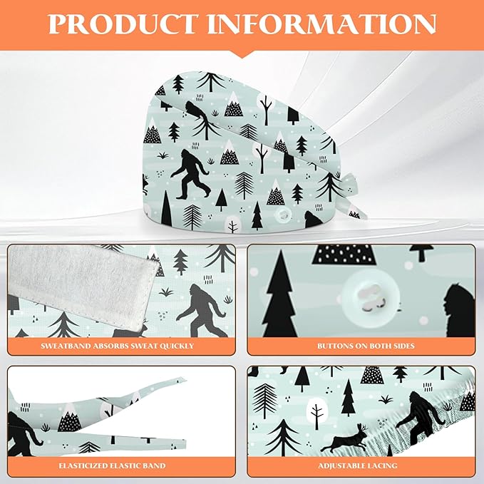 Adjustable Scrub Cap with Buttons & Sweatband, Working Hat with Elastic Tie Back, Unisex Nurse Surgical Caps for Women & Men