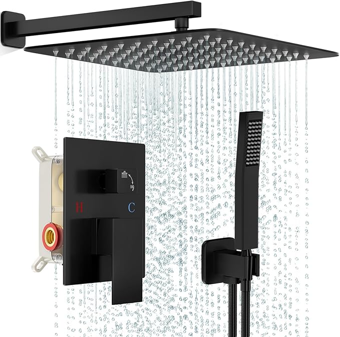 FPXRNG Black Shower Faucet Set, Rainfall Shower System with Square Shower Head and Handle Set, Wall Mounted Shower Fixtures, Full Metal Trim Repair Kit 16 inch Matte Black (With Shower Valve)