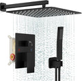 FPXRNG Black Shower Faucet Set, Rainfall Shower System with Square Shower Head and Handle Set, Wall Mounted Shower Fixtures, Full Metal Trim Repair Kit 16 inch Matte Black (With Shower Valve)