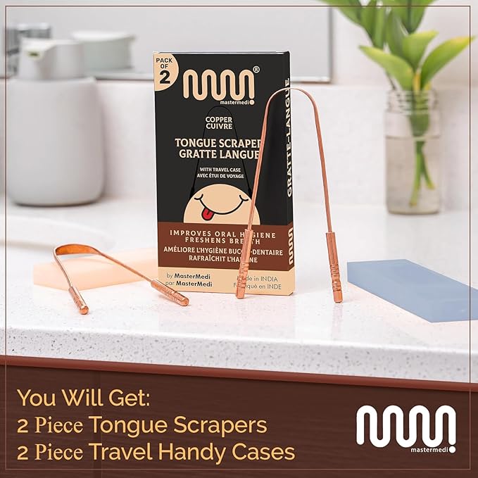 MasterMedi Tongue Scraper with Case Easy to Use Tongue Scraper for Adults, Tongue Cleaner for Oral Care & Hygiene Copper Set of 2 (with Travel Case)