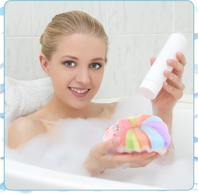 Tatuo 4 Pcs Animal Bath Loofahs Kids Body Loofah Cartoon Shower Cute Bath Sponge Pouf Body Scrubbers Mesh Sponge for Toddler Children Boys Girls Shower Baby Washing Exfoliating (Cute Girls)