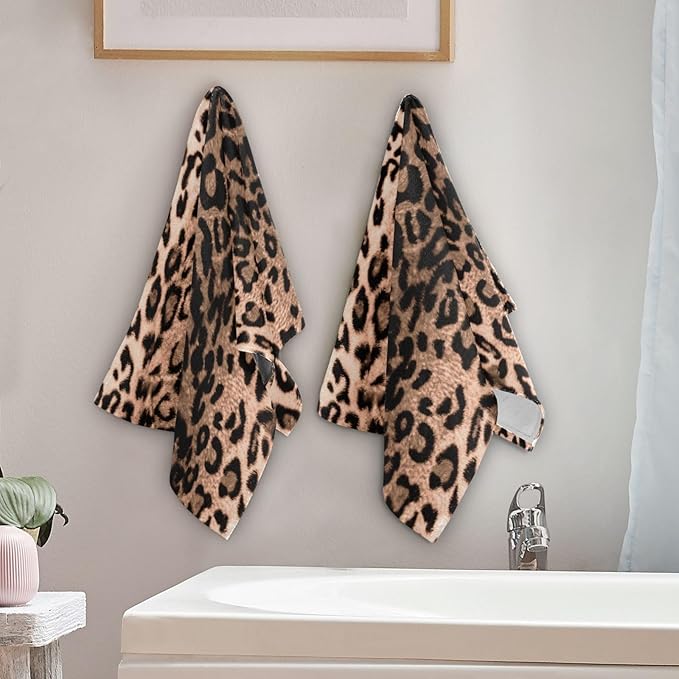 Brown Black Leopard Print Hand Towels for Bathroom Set of 2,Western Wild Animal Cheetah Skin Decorative Bathroom Towels for Bath,Face,Hair,Soft Absorbent Dish Towels for Kitchen Decor 28"x14"