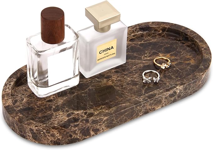 Natural Marble Tray Oval, Bathroom Vanity Tray for Countertop, Elegant Stone Decorative Organizer for Perfume, Jewelry, Home Decor (1, Dark Brown, 10 x 5 x 0.6)