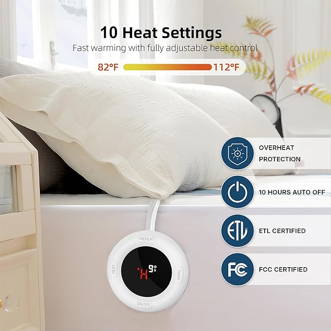 Gotcozy Heated Mattress Pad Full Size - Electric Mattress Pad Fit up to 15‘’with 10 Heat Setting & 10 Hour Auto Off ETL Certified Machine Washable(Blue)