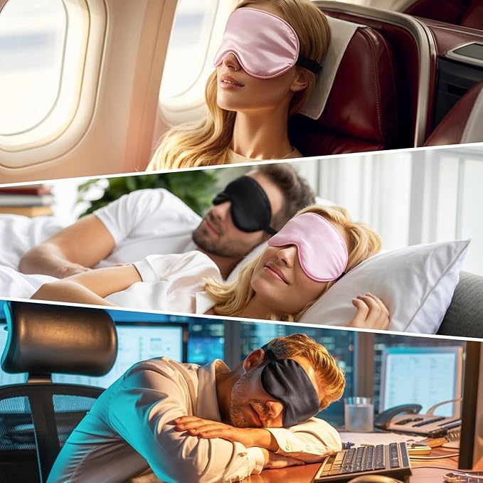 Silk Sleep Mask – 2 Pack Silk Eye Mask for Sleeping, Adjustable Strap, 100% Blackout, Soft Travel & Home Sleep Shade Cover for Women & Men (Black & Black)